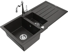 Mexen Andres, granitový drez 1000x500x200 mm, 1,5-komorový a drezová batéria Carla, čierna-zlatá metalíza, 6515-75-670700-00