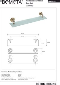 Bemeta Design RETRO bronz: Polička, 600 mm, sklo - 144102247