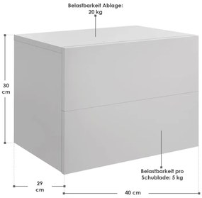 Nástenný nočný stolík 40x29x30 cm, 2 zásuvky, biely