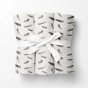 Biante Mušelínová plienka/dečka Nature MSN-074 Čiernosivé pierka na krémovo bielom - ZVÝHODNENÁ SADA 3 KS 70x70 cm - Sada 3 ks