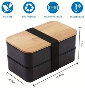 Svačinový box DUO LUNCH s príborom, čierny/bambus