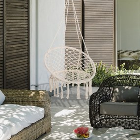 Outsunny Závesná Stolička do Interiéru a Exteriéru, Hojdačka, Prenosná Cestovná Hojdačka Ø 80 x 42H cm Macramé Bavlna Polyester Béžová | Aosom