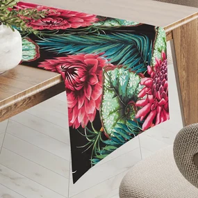 Biante Bavlnený behúň na stôl Sandra SA-566 Veľké tropické kvety a listy na čiernom 35x180 cm
