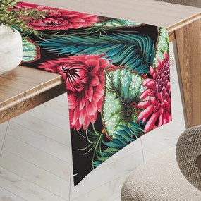 Biante Bavlnený behúň na stôl Sandra SA-566 Veľké tropické kvety a listy na čiernom 45x140 cm