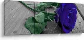 Obraz - Modrá ruža so zelenou stonkou (s hodinami) (90x30 cm)