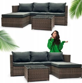 Hnedá ratanová súprava so stolíkom a sivými vankúšmi