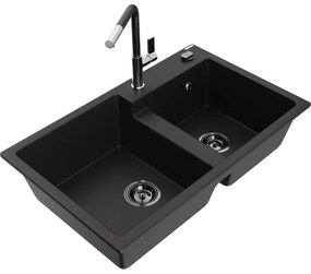 Mexen Tomas, 2-komorový granitový drez 800x500x190 mm a drezová batéria Flora, čierna, 6516-77-670401-07-B