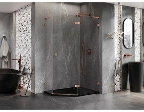Mexen Lunar, L pravý výklopný päťuholníkový sprchový kút 90 x 80 cm, 8mm číre sklo, profil medená matná, 831L-090P-080L-65-00-P