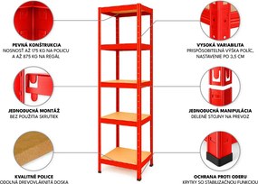 Akcia 5x Regál 180x40x40 cm lakovaný 5-policový, nosnosť 875 kg - červený