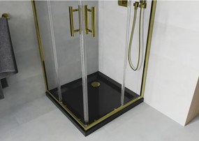 Mexen Rio, štvorcový sprchovací kút s posuvnými dverami 80(dvere) x 80(dvere) x 190 cm, 6mm číre sklo, zlatý profil + čierna sprchová vanička SLIM, 860-080-080-50-00-4070G