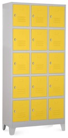 Kovová šatníková skrinka - 15 boxov, 90 x 40 x 195 cm, pevné nohy, otočný zámok, žltá - ral 1023