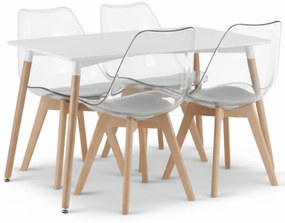 Jedálenský set 1 + 4, biely stôl ADRIA 120x80 cm + transparentné stoličky BALI MARK s bukovými nohami