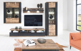 Široká nástenná vitrína Boston, čierna/dub ribbeck, s osvetlením