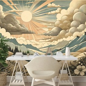 Samolepiaca tapeta retro krajina s horami a slnkom