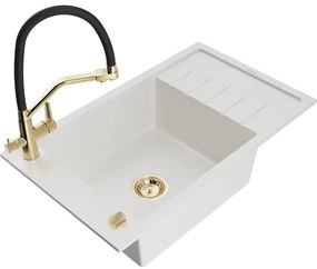Mexen Elias, 1-komorový granitový drez 795x480x200 mm a drezová batéria Duo, biela, 6511-20-671701-57-G