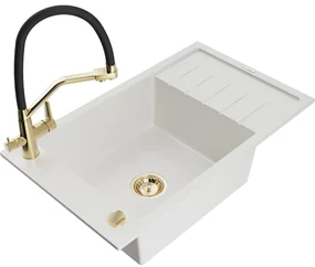 Mexen Elias, 1-komorový granitový drez 795x480x200 mm a drezová batéria Duo, biela, 6511-20-671701-57-G