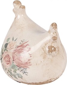 Béžová antik keramická sliepočka s kvetmi Protea Eucalypt - 12*11*13 cm