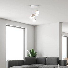 Závesné svietidlo Sfera, 5x biele sklenené tienidlo, w/drevo, o