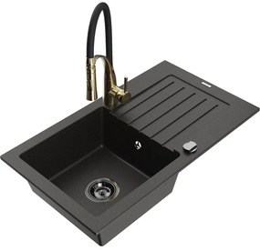 Mexen Pablo, 1-komorový granitový drez 752x436x161 mm a drezová batéria Aster, čierna-zlatá metalíza, 6510-75-73450-57-B