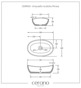 Cerano Persea, umývadlo na dosku z liateho mramoru 500x320x140 mm, čierna matná, CER-CER-WB23B