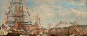 Obraz - Eugène Boudin, Festival in the Harbor of Honfleur, reprodukcia (120x50 cm)