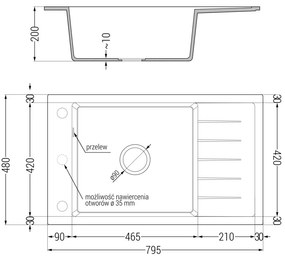 Mexen Elias, granitový drez granitový 795x480x200 mm, 1-komorový, biela s chrómovým sifónom a biela drezová batéria Rita, 6511-20-670300-20