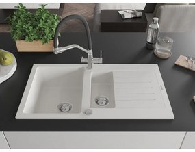 Mexen Matias, 1,5-komorový granitový drez 900x505x200 mm a drezová batéria Duo, biela, 6502-20-671701-07