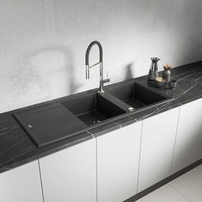 Laveo Megalo, 2-komorový granitový drez 1160x500x185 mm s dlhým odkvapávačom, čierna škvrnitá, LAV-SBE_721T