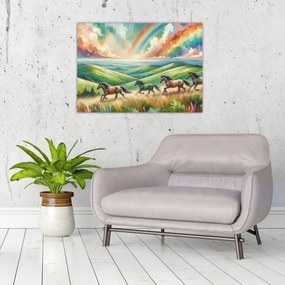 Sklenený obraz – Kone cválajúce krajinou (70x50 cm)