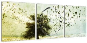 Obraz - Maľovaný kŕdeľ vtákov (s hodinami) (90x30 cm)