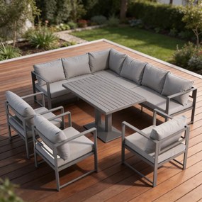Veľký rohový set s kreslami a nastaviteľným stolom XL-NM-2006 - sivý + sivé vankúše
