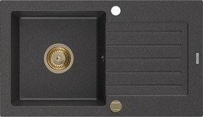 Mexen Pablo, granitový drez 752x436x161 mm, 1-komorový, čierna škvrnitá so zlatým sifónom, 6510751010-76-G
