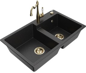Mexen Tomas, granitový drez 800x500x190 mm, 2-komorový a drezová batéria Carla, čierna-strieborná metalíza, 6516-73-670700-50