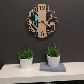 AMADEA Drevené hodiny nástenné v tvare stromu s modrým vtáčikom, masívne drevo, priemer 30 cm