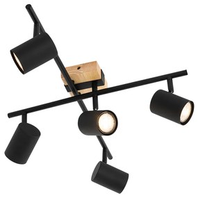 Stropné svietidlo čierne s drevom 5-žiarovkové nastaviteľné obdĺžnikové - Jeana