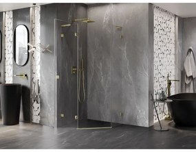 Mexen Lunar, L päťuholníkový sprchový kút naklápací doľava 100 x 100 cm, 8mm číre sklo, zlatý matný profil, 831L-100L-100P-55-00-L