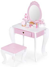 ECOTOYS Detská drevená toaletka so zrkadlom, stoličkou a 7 doplnkami
