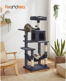 Mačací strom, so 4 škrabadlami, 2 vyhliadkami, jaskyňou, dymovo sivá farba