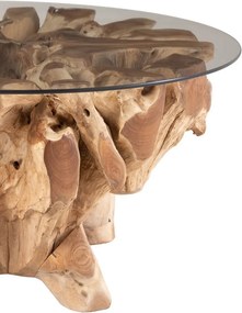 Prírodný coffee stôl z teakového dreva a sklenenou doskou na kmeni Raoul teak - Ø90*45cm