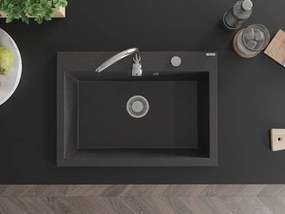 Mexen Elix granitový kuchynský drez 1-komorový 700 x 500 mm, čierny s bielymi škvrnami, chrómový sifón - 6526701005-76
