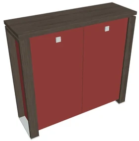 Stredná skriňa Verno+ S 140 x 46 x 130 cm, sklenené dvere, dub antracit / červená