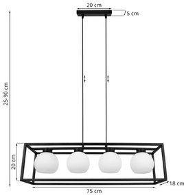 Závesné svietidlo ELIZA CAGE, 4x biele sklenené tienidlo v kovovom ráme