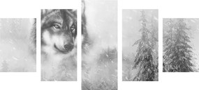 5-dielny obraz vlk v zasneženej krajine v čiernobielom prevedení - 100x50