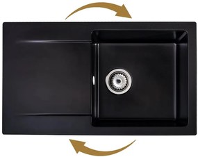 Sink Quality Ferrum, kuchynský granitový drez 770x450x190 mm + čierny sifón, čierna, SKQ-FER.C.1KDO.XB