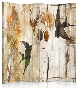 Ozdobný paraván Žena Ptáci Vintage - 145x170 cm, štvordielny, obojstranný paraván 360°