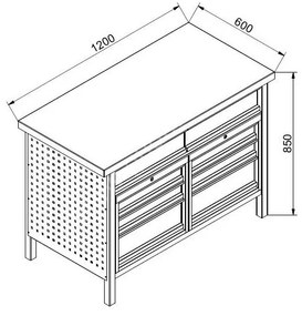 Dielenský pracovný stôl GD, 5 zásuviek, smrek + buková preglejka, 5 zásuviek, 1 skrinka, 1190 x 600 x 850 mm, modrá / sivá