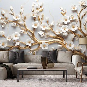 Gario Fototapeta Zlatý konár s bielymi kvetmi magnólie Materiál: Vliesová, Rozmery: 200 x 140 cm