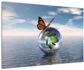 Obraz motýľa na sklenenej guli (90x60 cm)