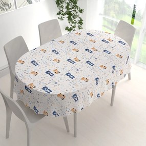 Biante Detský bavlnený oválny obrus Sandra SA-595 Modro-béžové lesné zvieratká na bielom 50x100 cm
