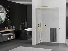 Mexen Kioto+ L, sprchová zástena Walk-In s poličkou a vešiakom 80 x 200 cm, 8mm číre sklo, zlatý lesklý profil,800-080-123-50-00